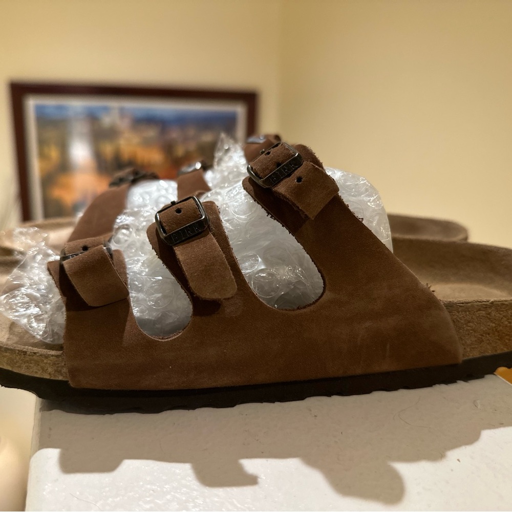 Birkenstock Triple Buckle Suede Sandal in Brown